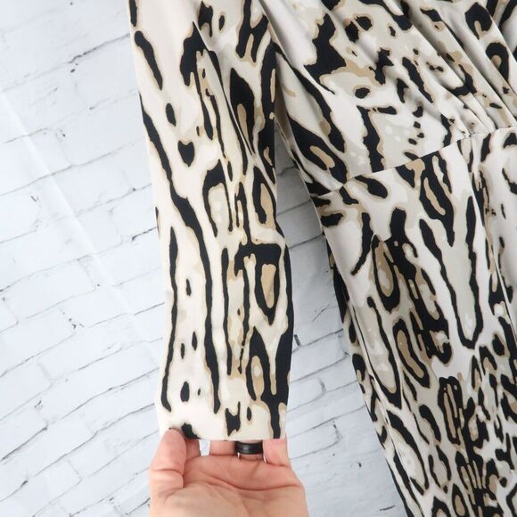 TAHARI ASL CREAM TAN & BLACK ANIMAL PRINT 3/4 SLEEVE MOCK WRAP MIDI DRESS SIZE 2 - Picture 6 of 12
